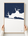 Destin canvas map — hands holding the canvas in an oak frame
