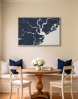 Charleston canvas map art in dining nook setting