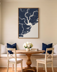 Charleston canvas map art in dining nook setting