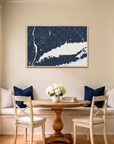 Connecticut Coast canvas map art in dining nook setting