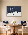 Mystic canvas map art in dining nook setting
