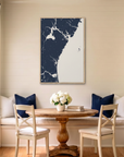 New Hampshire Coast canvas map art in dining nook setting