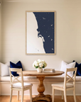 San Diego Coast matte map art in dining nook setting