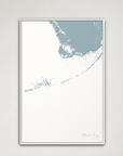 Florida Keys Coastal Map — Canvas Vertical, soft-blue, White Frame