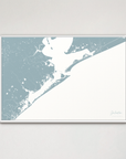 Galveston Coastal Map — Canvas Horizontal, soft-blue, White Frame