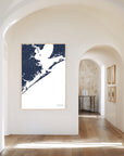 Galveston navy vertical canvas map in the Bello mixed room scene