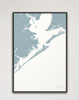 Galveston Coastal Map — Canvas Vertical, soft-blue, Black Frame