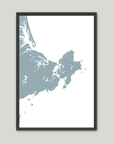 Gloucester Coastal Map — Fine Art Print Vertical, soft-blue, Black Frame, 8x10