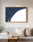 Grand Strand navy horizontal canvas map in an oak framed room scene