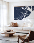 Hilton Head Island navy horizontal canvas map in an oak framed room scene