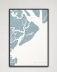 Hilton Head Island Coastal Map — Canvas Vertical, soft-blue, Black Frame
