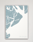 Hilton Head Island Coastal Map — Canvas Vertical, soft-blue, White Frame