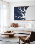 Jekyll Island navy horizontal canvas map in an oak framed room scene