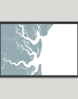 Jekyll Island Coastal Map — Fine Art Print Horizontal, soft-blue, Black Frame, 10x8