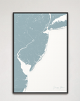 Jersey Shore Coastal Map — Canvas Vertical, soft-blue, Black Frame