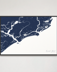 Kiawah Island Coastal Map — Canvas Horizontal, navy, Black Frame