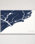 Kiawah Island Coastal Map — Canvas Horizontal, navy, White Frame