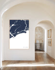 Kiawah Island navy vertical canvas map in the Bello mixed room scene