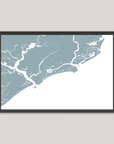 Kiawah Island Coastal Map — Fine Art Print Horizontal, soft-blue, Black Frame, 10x8