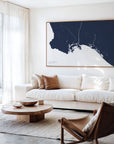 Long Beach navy horizontal canvas map in an oak framed room scene