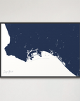 Long Beach Coastal Map — Canvas Horizontal, navy, Black Frame