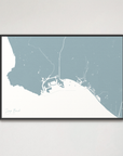 Long Beach Coastal Map — Canvas Horizontal, soft-blue, Black Frame