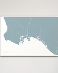Long Beach Coastal Map — Canvas Horizontal, soft-blue, White Frame