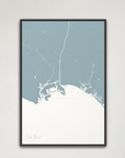 Long Beach Coastal Map — Canvas Vertical, soft-blue, Black Frame