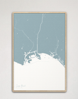 Long Beach Coastal Map — Canvas Vertical, soft-blue, Natural Oak