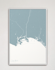 Long Beach Coastal Map — Canvas Vertical, soft-blue, White Frame