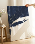 Long Island navy vertical wrapped canvas map in the ratio 2:3 hand mockup