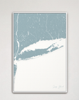 Long Island Coastal Map — Canvas Vertical, soft-blue, White Frame