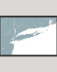 Long Island Coastal Map — Fine Art Print Horizontal, soft-blue, Black Frame, 10x8