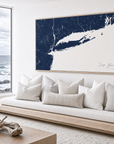 Long Island canvas map — sea-view bench interior