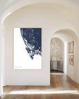 Marco Island navy vertical canvas map in the Bello mixed room scene