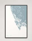 Marco Island Coastal Map — Canvas Vertical, soft-blue, Black Frame