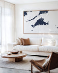 Marthas Vineyard navy horizontal canvas map in an oak framed room scene