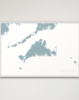 Martha's Vineyard Coastal Map — Canvas Horizontal, soft-blue, White Frame
