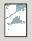 Martha's Vineyard Coastal Map — Fine Art Print Vertical, soft-blue, Black Frame, 8x10