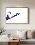 Montauk navy horizontal canvas map in an oak framed room scene