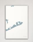 Montauk Coastal Map — Canvas Vertical, soft-blue, White Frame