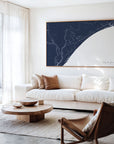 Myrtle Beach navy horizontal canvas map in an oak framed room scene