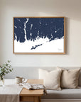 Mystic navy horizontal canvas map in an oak framed room scene