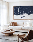 Mystic navy horizontal canvas map in an oak framed room scene