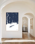 Mystic navy vertical canvas map in the Bello mixed room scene