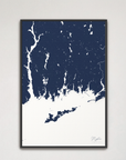 Mystic Coastal Map — Canvas Vertical, navy, Black Frame