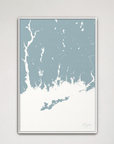 Mystic Coastal Map — Canvas Vertical, soft-blue, White Frame