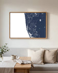 Naples navy horizontal canvas map in an oak framed room scene