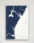 New Hampshire Coast Coastal Map — Canvas Vertical, navy, White Frame
