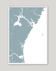 New Hampshire Coast Coastal Map — Fine Art Print Vertical, soft-blue, White Frame, 8x10